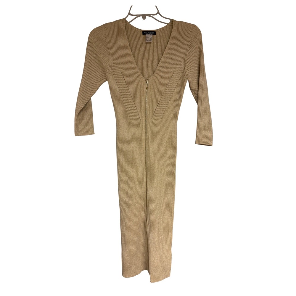 Venus Gold Metallic Ribbed Knit Full Zip Midi Sweater Dress Womens Small S